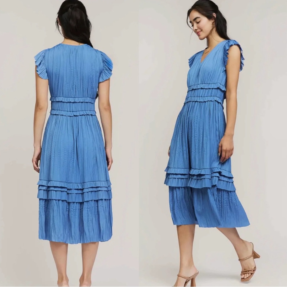 Current Air • Anthropologie Sereia Pleated Midi Dress blue flutter sleeve - Picture 13 of 13